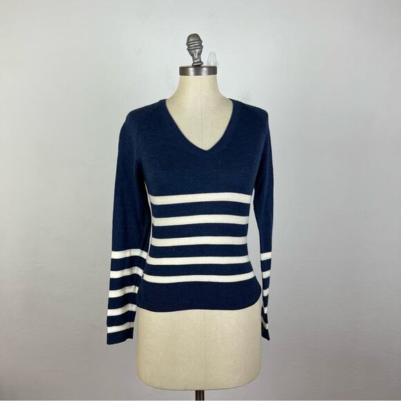 Lacoste Blue/White Stripe V Neck Merino Wool Sweater - Picture 1 of 9